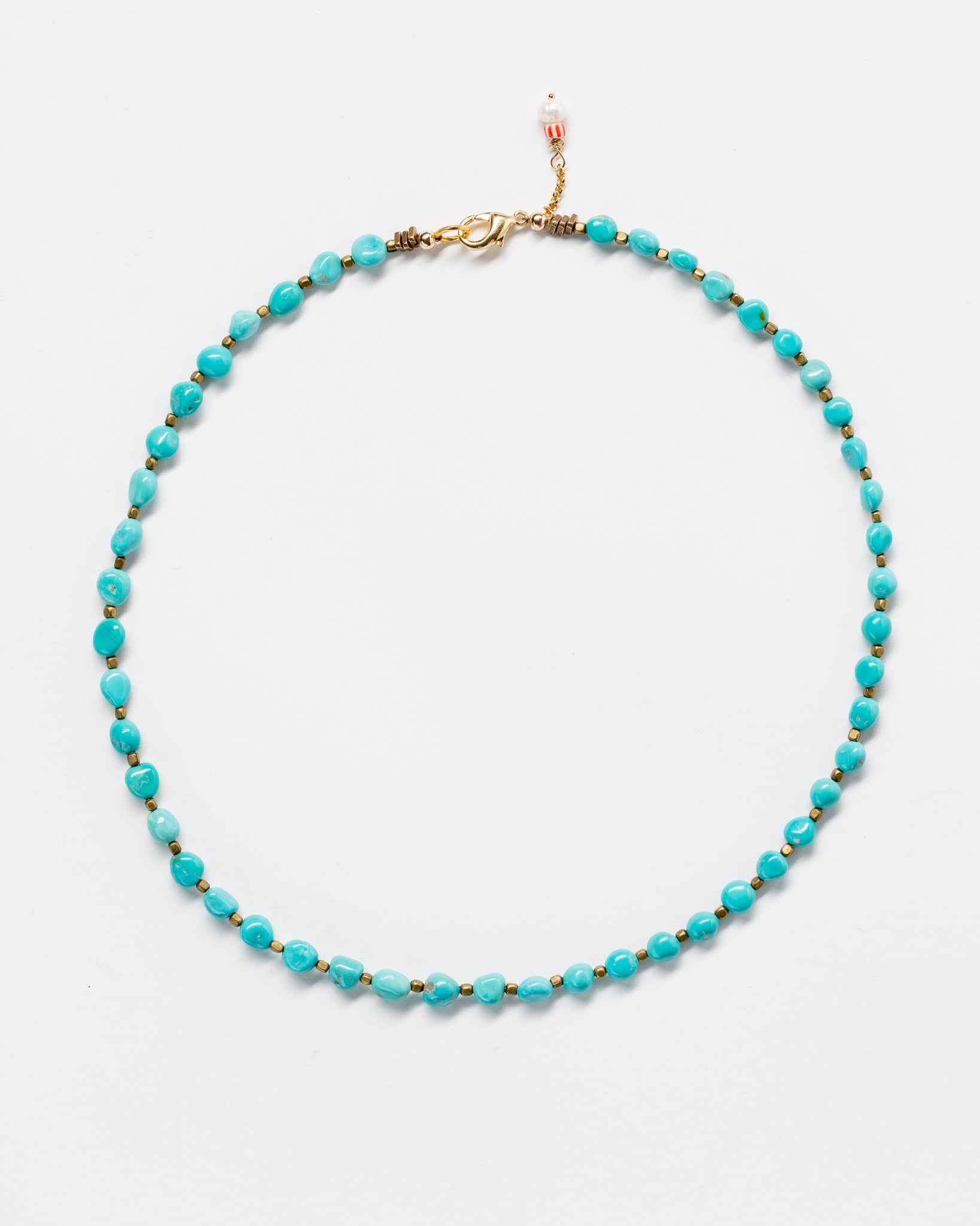 Designs By Raya Turquoise Bead Necklace with gold accents and an Arizona-style clasp, displayed against a white background.