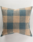Experience both comfort and style with the Custom 3 Pillow 28x28 by Pindler, designed as a square pillow featuring a large checkered pattern in blue and beige on a white background. The fabric's woven texture adds to its luxurious Euro pillows appeal.