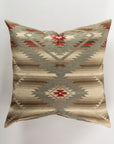 The Custom 3 Pillow 28x28 by Pindler is a square decorative piece that boasts a Southwestern-style geometric pattern in hues of beige, brown, green, and red. Featuring diamond and zigzag motifs on a neutral backdrop, it seamlessly blends comfort with the elegance of luxurious euro pillows.