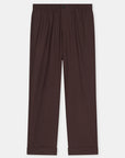 Dark brown wool straight-leg trousers with elastic waist and cuffs, mid-rise, by CLOSED, laid flat on white background.
