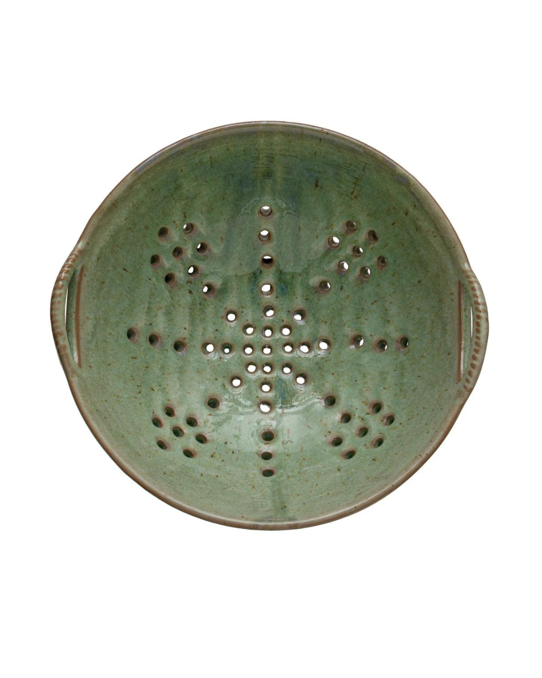 The Berry Bowl by Creative Co-op is a rustic green stoneware piece with side handles and a star-shaped pattern of holes in the center, shown from above.