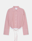 The CLOSED Gathered Shirt is a red and white vertically striped women's blouse with a collar, long sleeves, and a cropped drawstring hem for a relaxed fit.