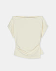 The CLOSED Off Shoulder Top for women features an ivory cotton-elastane blend, wide neckline, short sleeves, and a draped waist, shown against a plain white background.