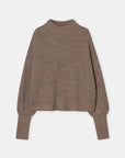 Brown ribbed knit alpaca-merino blend funnel neck sweater by CLOSED, laid flat on white background.
