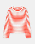 The CLOSED Striped Crew Neck is a white, long-sleeve fine-knit sweater with horizontal bright red stripes and a crew neckline, shown laid flat on a white background.
