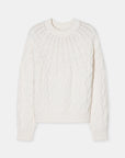 The CLOSED Crew Neck Cable Knit is a white, long-sleeved sweater made from organic cotton with ribbed cuffs and hem, shown on a plain white background.
