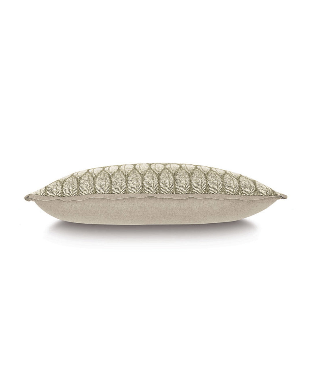 A long, rectangular Butterfly Pleat Pillow with a beige bottom half and a green embroidered top half, displayed on a white background in a Scottsdale Arizona bungalow by Eastern Accents.