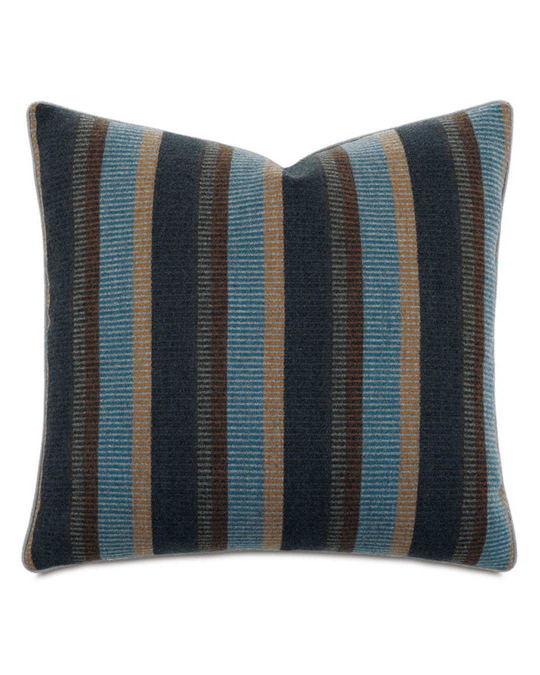 The Hig Striped Pillow by Eastern Accents is a rectangular pillow featuring vertical stripes in shades of blue, brown, and beige. The ribbed texture of the fabric adds depth to the pattern, while neatly finished edges give it a clean, tailored appearance. It includes a feather down insert and is dry clean only.