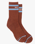 Brown vintage tube socks with blue stripes and white text near the top by Mother, shown on a white background.
