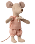 The Maileg Little Sister Mouse / Matchbox is a soft, plush toy from Maileg, dressed in pink and white checks with puffed shorts, a bow at the neck, magnetic hands, large ears, stitched smile, and a long tail.