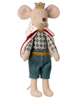 The Maileg Mouse by Maileg stands upright, wearing a gold crown, red and white royal cape, patterned shirt, and teal shorts—perfect for adding to any mice family collection.