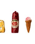 A block of Swiss cheese, a wrapped sausage, and two pink-topped ice cream cones are displayed side by side—perfect treats for the Maileg Fridge by Maileg.