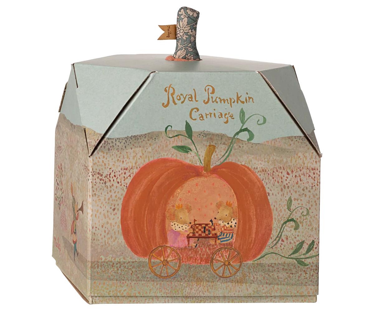The Maileg Furniture box by Maileg is a cute pumpkin carriage with "Royal Pumpkin Carriage" on it, whimsical illustrations, and charming details—perfect as doll house furniture for your Maileg Mouse collection.