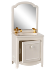 The Maileg Sink Dresser by Maileg is a small white bathroom vanity with a mirror, gold faucet and handles, and an open cabinet door—ideal for a Mouse Hole Farmhouse or Maileg scene, shown against a plain white background.