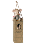 The Maileg Royal Mouse by Maileg, wearing a crown, sits in a brick-patterned cardboard castle with “Let the story begin” on front—a charming gift for mouse figurine collectors and fans of magical tales.