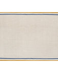 The Caravan Normandy Natural Towel Set-2 features rectangular beige cloth placemats with a simple border of a thin blue stripe and thicker gold stripe, inspired by classic French kitchen towels, along the top and bottom edges.
