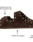 A side view of Beek's CEDAR brown suede slide sandal shows features like adjustable straps, soft suede upper, rubber outsole, molded arch support, memory foam footbed, and gold rivets.