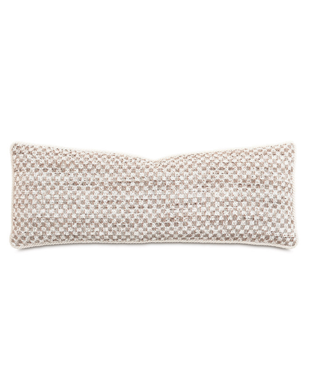 A rectangular lumbar pillow from Eastern Accents with a textured beige and white diamond pattern design, reminiscent of a Scottsdale Arizona bungalow, isolated on a white background.