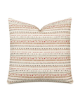 Sentence with replaced product name and brand name: Eastern Accents Mer Embroidered Pillow with a patterned design featuring horizontal stripes of various geometric shapes and muted colors in an Arizona style on a neutral background.