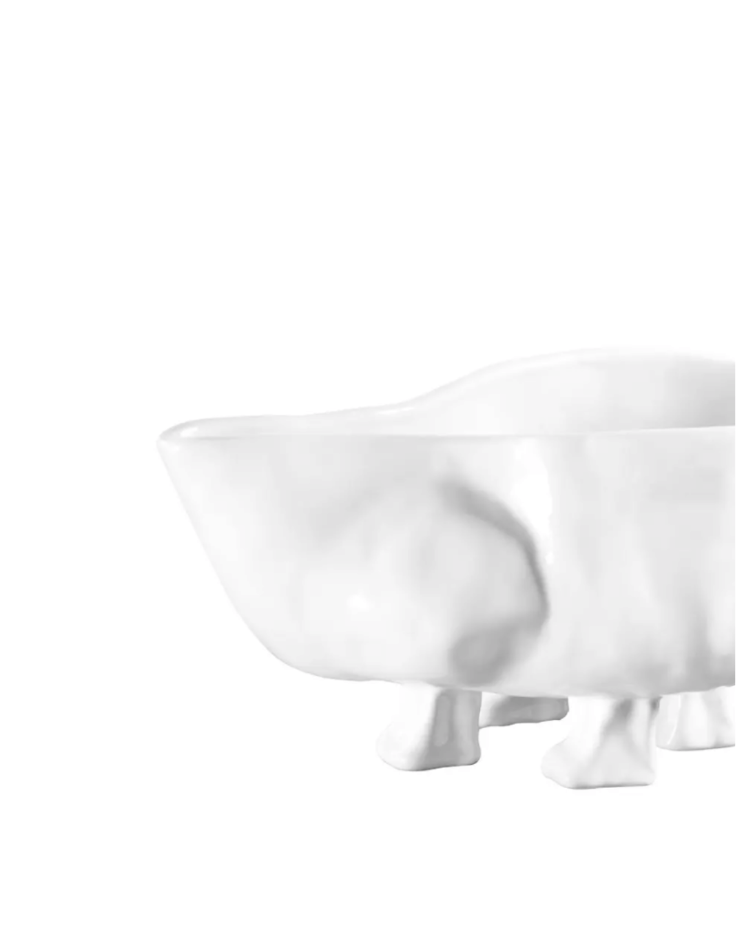 A minimalist ceramic figurine of a hippopotamus, reminiscent of the artistic vibe in Scottsdale, Arizona, depicted in a stylized, abstract form against a white background. The figure is smooth with subtle contours and details. This Gravy Boat No. 151 from Montes Doggett fits perfectly with any modern home decor.
