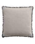 A square gray Bea Embroidered Pillow in Bungalow style, with a fringe of black and white threads along its edges, displayed on a plain background by Eastern Accents.
