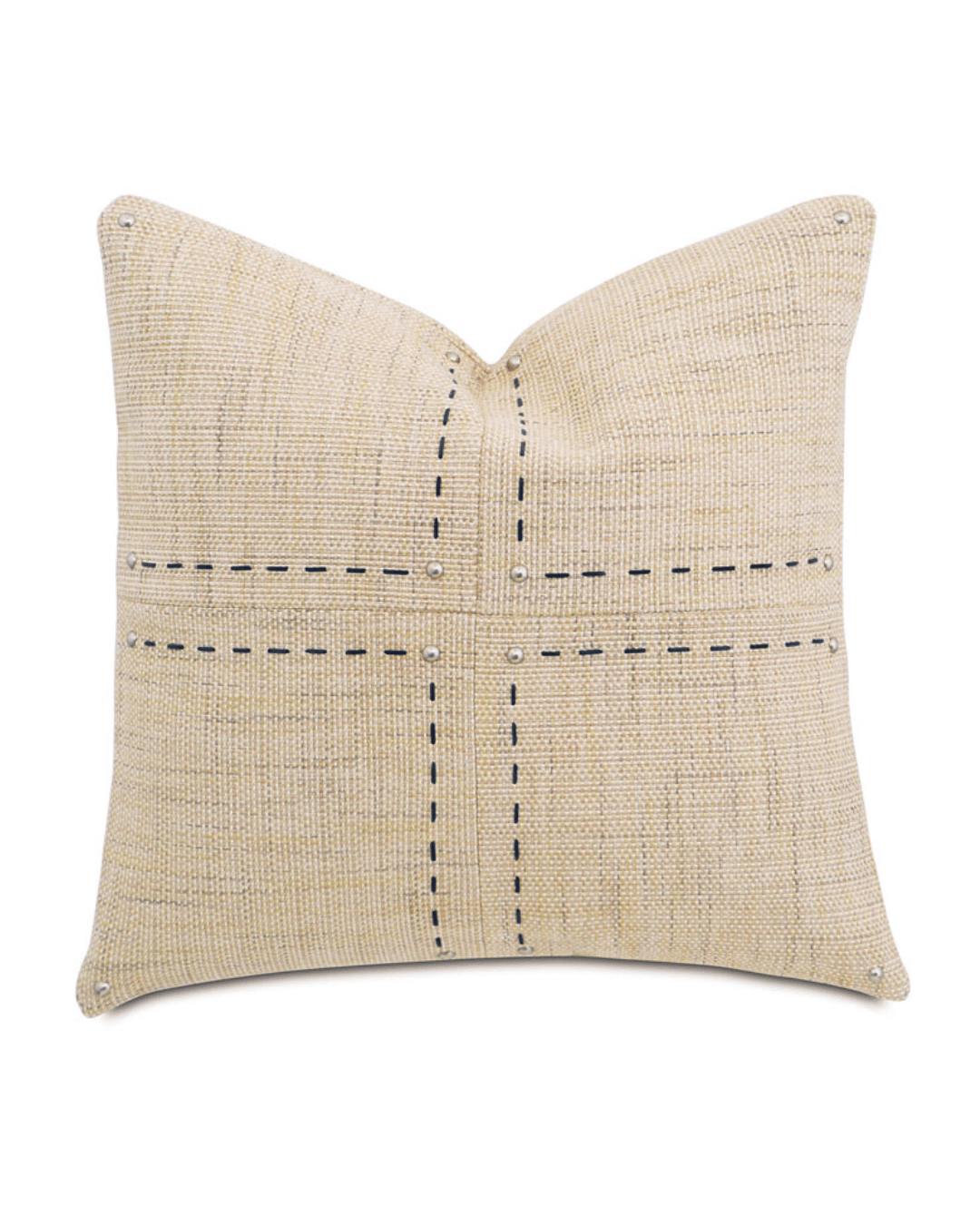 The Gilmer Brulee by Eastern Accents is a square beige decorative pillow featuring contrasting stitched cross patterns and silver nailhead accents at the corners and intersections, all set on a crisp white background.