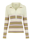 The AMO Denim Desiree Tee is a long-sleeve, ribbed top with a classic collar, button placket, and beige, brown, pink, and mustard horizontal stripes across the midsection and sleeves.