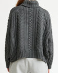 A person is seen from the back wearing the Denimist CABLE TURTLENECK SWEATER in chunky, dark gray cable knit, paired with light gray sweatpants.