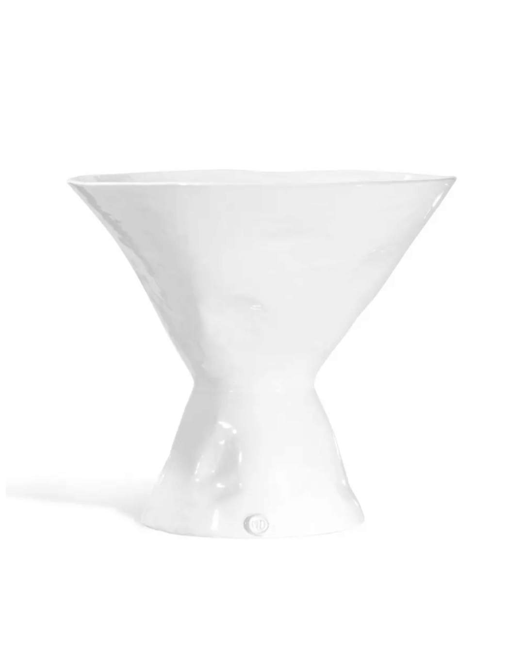 A sleek, white hourglass-shaped Catchall Bowl No. 979 with a reflective surface on a plain white background, embodying the minimalist aesthetic of a Scottsdale Arizona bungalow. The vase narrows in the middle and flares out at the top and bottom.
