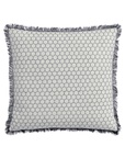 Square Bea Embroidered Pillow with a white and navy blue geometric pattern and navy fringe on the edges, embodying bungalow style by Eastern Accents.