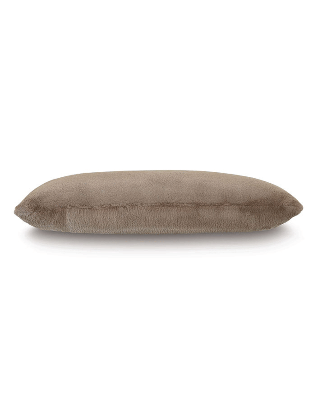 A simple brown cylindrical Adri Faux Fur Pillow isolated on a white background in a Scottsdale, Arizona bungalow by Eastern Accents.