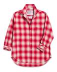 The Frank & Eileen Eileen Button Up Shirt F25 features a red and white plaid design, long sleeves with rolled cuffs, a chest pocket, and a visible brand label inside the collar; relaxed fit ensures everyday comfort.