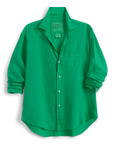 The Frank & Eileen Eileen 26 is a bright green 100% cotton long-sleeve button-up shirt with a collar, chest pocket, and bust-flattering buttons. Relaxed fit, shown with sleeves rolled up on a white background.