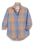 The Eileen Button Up Shirt F25 by Frank & Eileen is a relaxed fit, long-sleeve shirt with bust-flattering button placement, large plaid in tan, blue, and light gray, rolled sleeves, and a single chest pocket for casual California style.