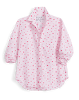 The Frank & Eileen Eileen 26 is a light pink, relaxed-fit long sleeve shirt with a collar, red heart pattern, rolled-up sleeves, and a left chest pocket—perfect for effortless California style.