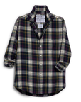 The Frank & Eileen Eileen Button Up Shirt F25 features long sleeves, a black, white, green, and purple plaid pattern, bust-flattering buttons, and a relaxed California-inspired fit.