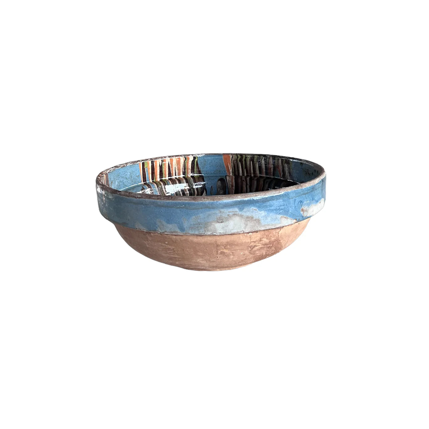 The Cottage Crafted Bowl by Blue Ocean Traders features a matte brown base, blue glazed rim, and colorful abstract patterns inside—ideal as a decorative display against a plain white background.