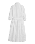 The Gracie Midi Eyelet Dress by Frank & Eileen features long sleeves, a collared neckline, a belted waist, intricate patterns, and a scalloped hem. Displayed on a black background, this elegant dress is machine washable for easy care.