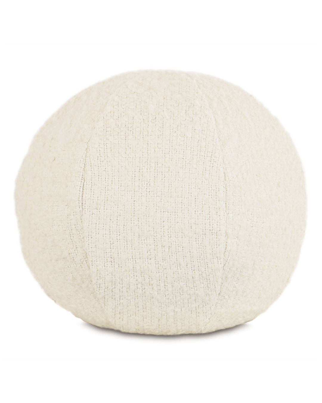 A textured white sphere with a slightly puckered surface, resembling knit fabric in Bungalow style, isolated on a white background. This is the Mar Cream Pillow by Eastern Accents.