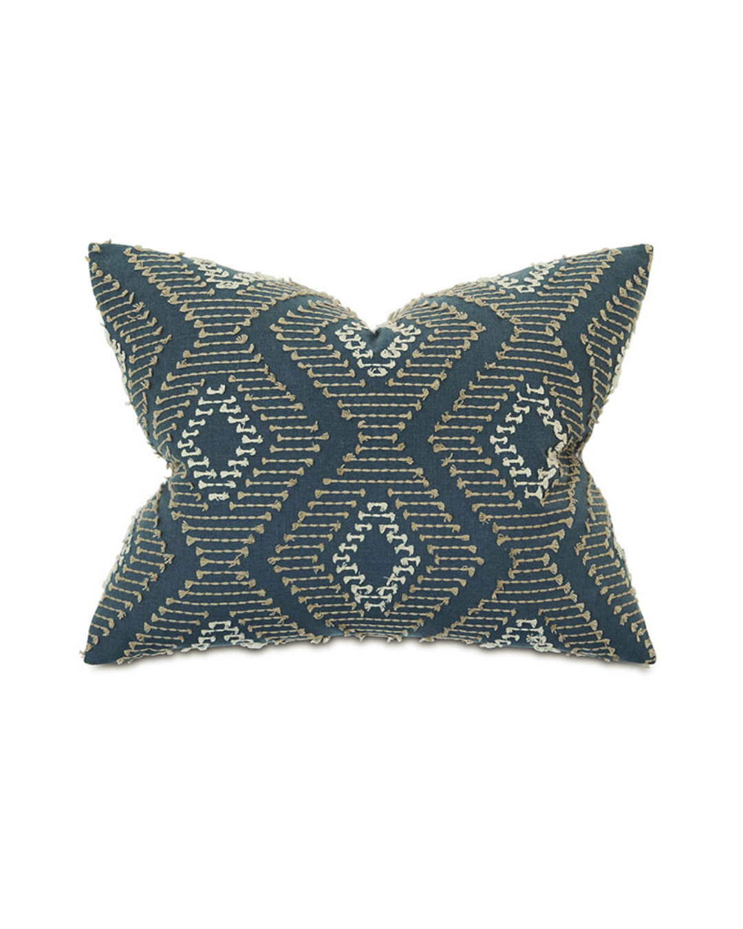 Sentence with replaced product: Diamond standard sham in Arizona style with a geometric pattern in navy blue and metallic gold, photographed against a white background. Brand Eastern Accents.