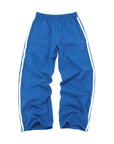 Navy fleece palazzo pants with sporty stripes, elastic waist, and side pockets by Kerri Rosenthal.