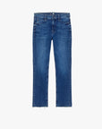 The Mother Mid Rise Dazzler Ankle Fray jeans feature blue stretch denim, a straight-leg fit, five pockets, button and zip closure, and raw hems. Shown laid flat on a white background.