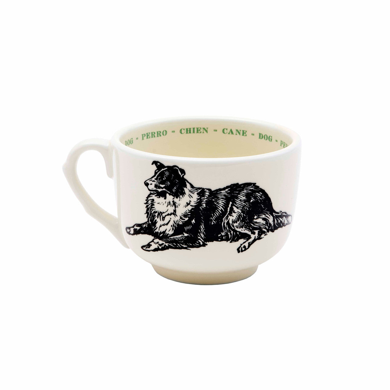 The Sir/Madam Grand Cup is a white ceramic mug with a black illustration of a Border Collie lying down and the dog’s name repeated in green text around the inner rim in four languages.