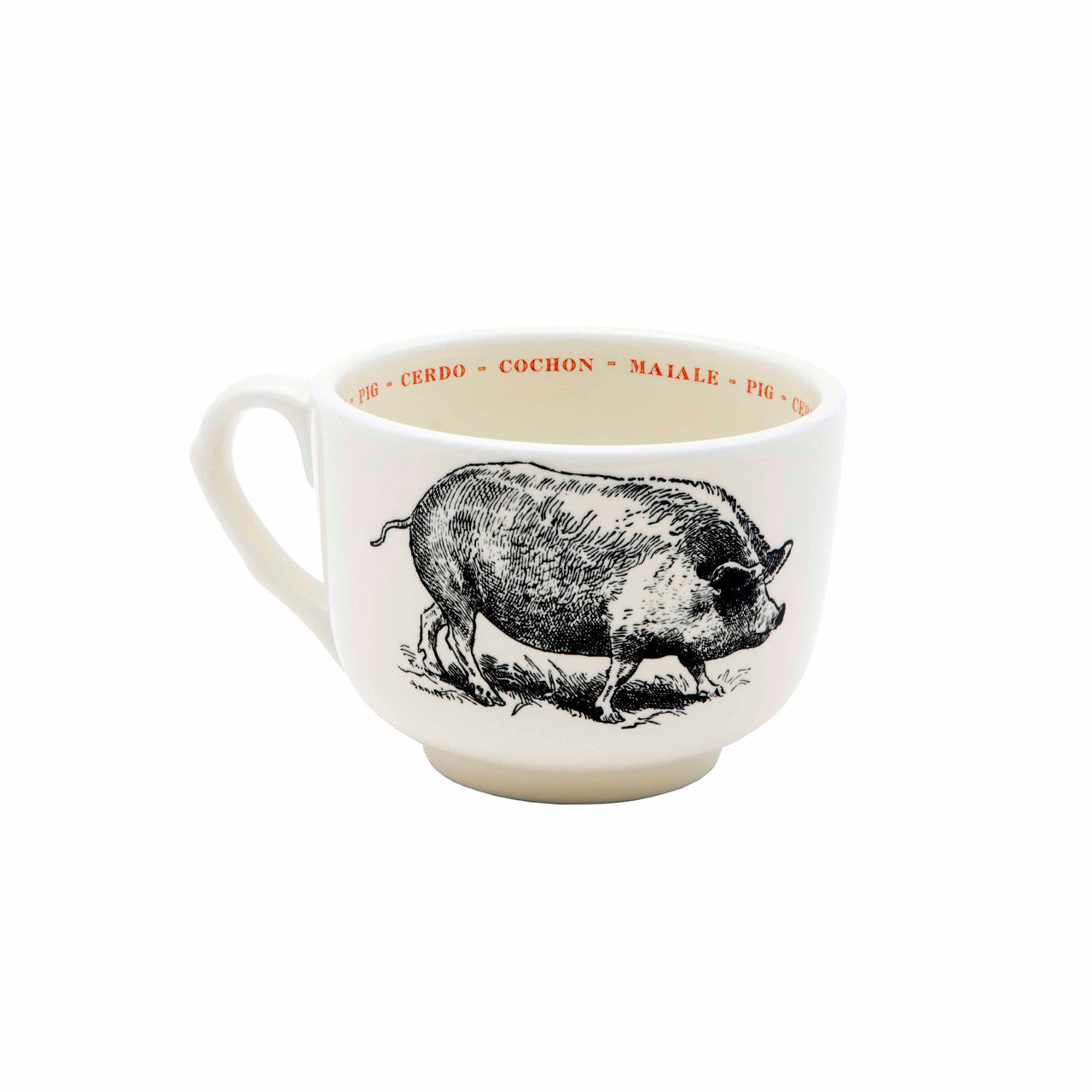 The Sir/Madam Grand Cup is a white ceramic mug with a black pig illustration and the animal's name in four languages along the inner rim.