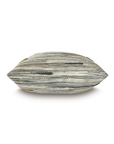 Side view of the Julie Ocean Pillow by Eastern Accents, featuring a textured striped pattern in earth tones of gray, beige, and black. The woven surface suggests plushness, and its slightly bulging form adds a cozy touch to any space.
