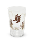 Clear glass tumbler with cowboy boots and rope design, Fishes Eddy Cowboy Boots Tumbler, dishwasher-safe soda lime glass.