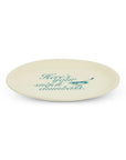 Stoneware snack tray with blue text and bird design by Fishes Eddy, microwave and dishwasher safe.