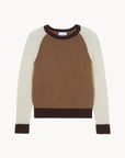 The Nimbus Sweater by BCS Group features a brown cashmere body, cream sleeves, and dark brown ribbed round neck, cuffs, and hem, shown against a plain white background.