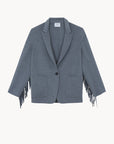 Gray flannel blazer with single button, two pockets, sleeve and side fringe by KUJTEN G3.