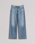 The Rag & Bone Logan Pant is a pair of light blue, featherweight denim wide-leg jeans with a high waist, front and back pockets, and a faded wash, shown flat on a plain light background.
